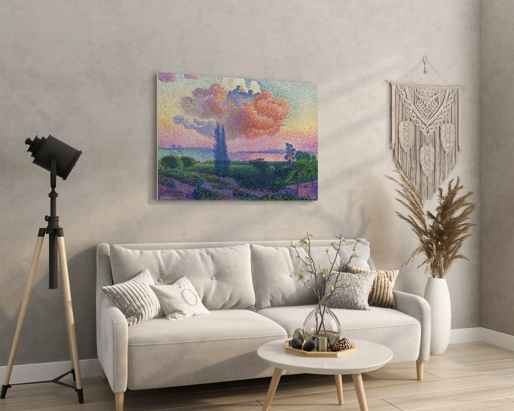 Vibrant pointillist landscape canvas art above modern sofa, ideal for living room wall decor
