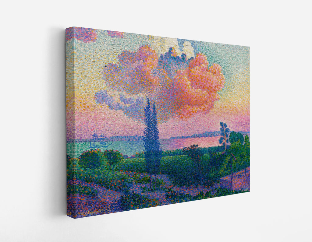 Vibrant pointillist landscape canvas print with colorful sky, trees, and fields for modern home decor