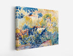 Vibrant abstract landscape canvas print with blue, yellow, and green watercolor-style brushstrokes for modern home decor