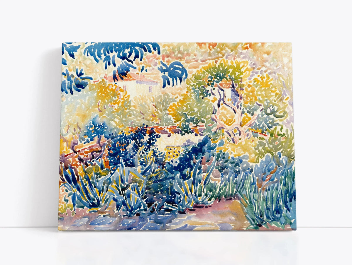 Vibrant abstract landscape canvas print with blue, yellow, and green watercolor-style foliage for modern home decor