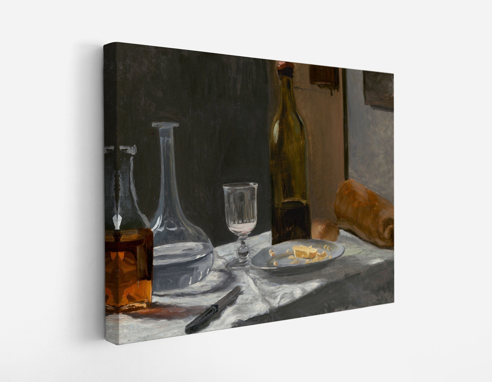 Claude Monet's Still Life with Bottle, Carafe, Bread, and Wine // Wall Art Print - Artrise