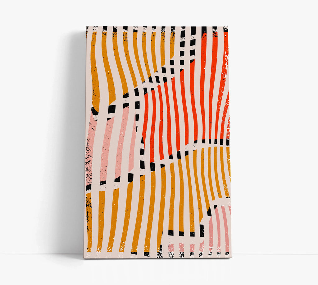 Abstract canvas art with wavy orange, pink, and black stripes on beige background for modern home decor