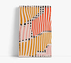 Abstract canvas art with wavy orange, pink, and black stripes on beige background for modern home decor
