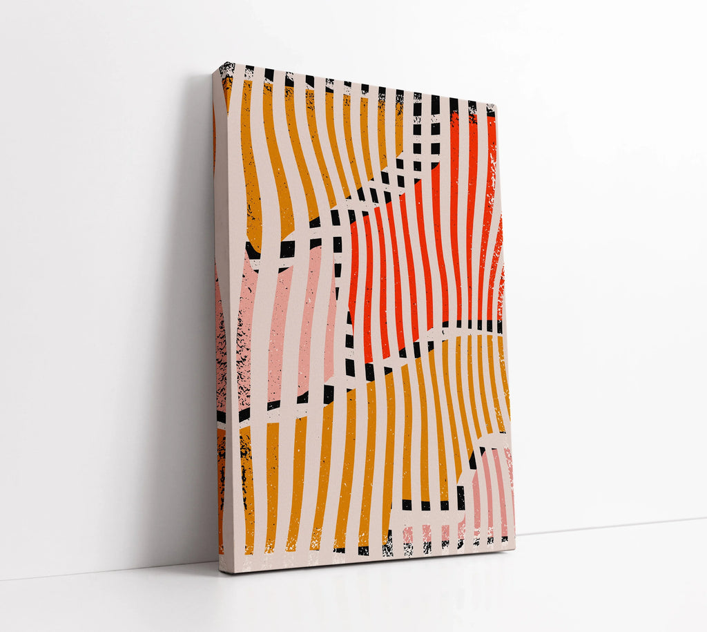 Abstract canvas art with wavy orange, pink, and black stripes on beige background, modern wall decor