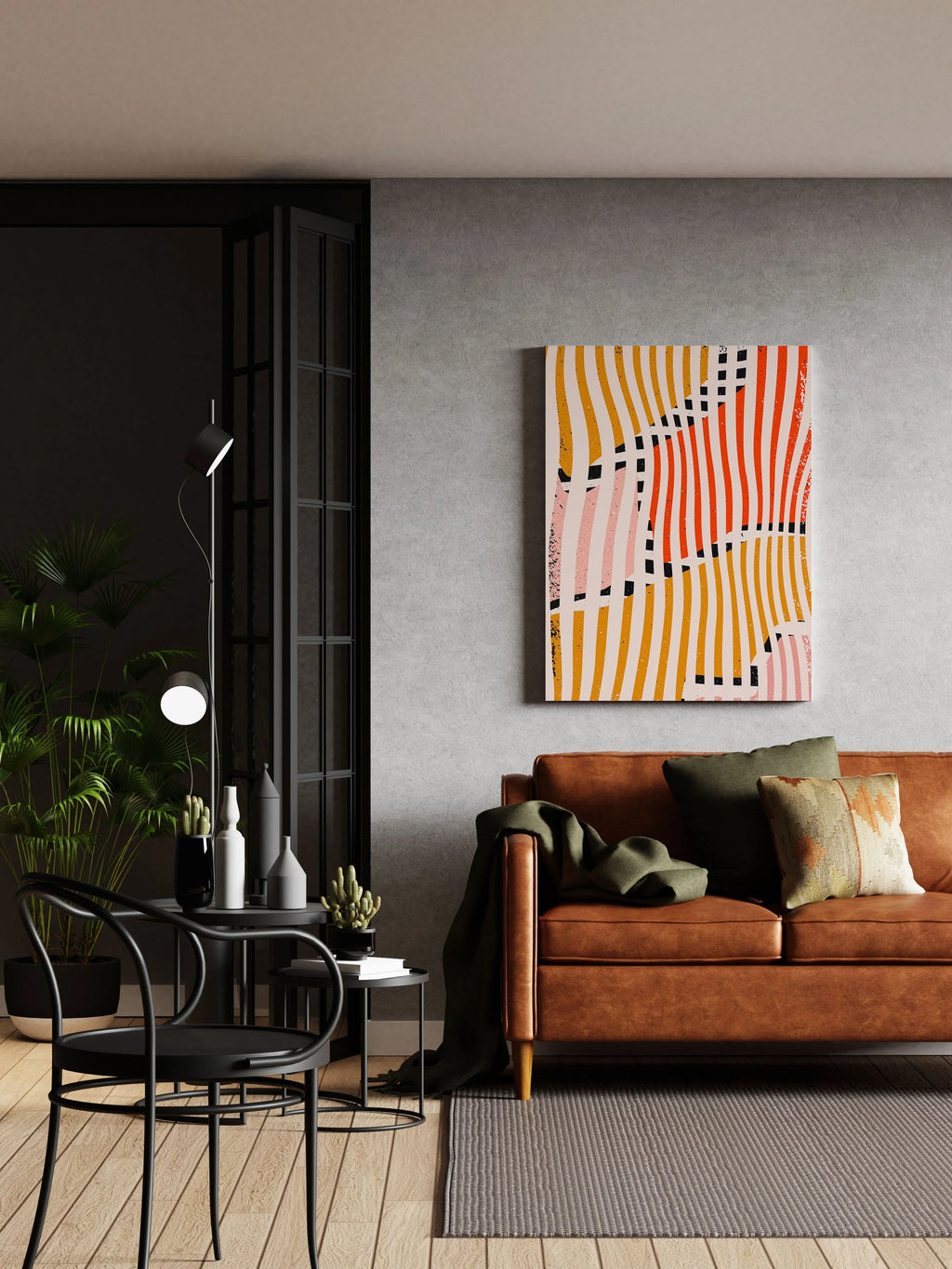 Abstract wall art print with colorful wavy stripes, modern home decor above brown leather sofa