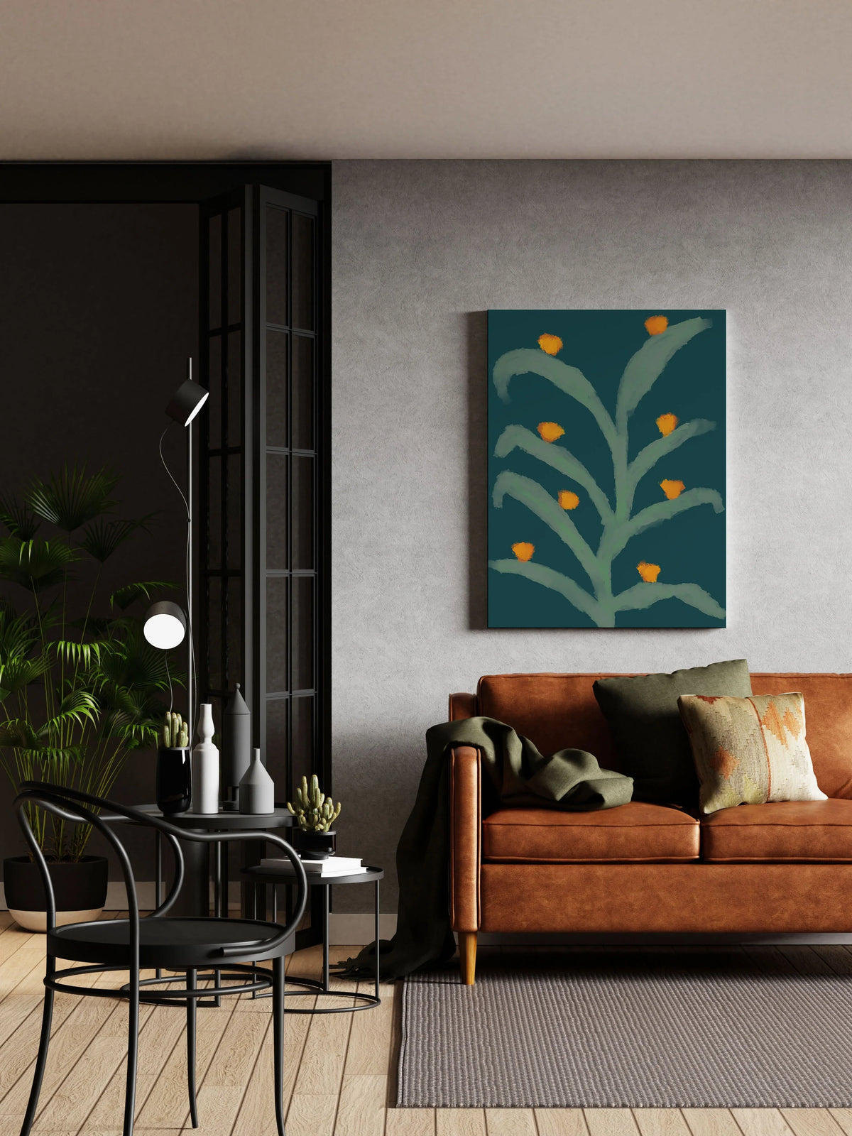 Abstract green leaf art print with orange blooms, modern living room wall decor