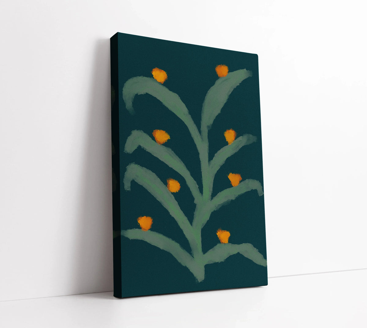 Abstract green plant with orange blooms on dark teal canvas wall art print for modern home decor