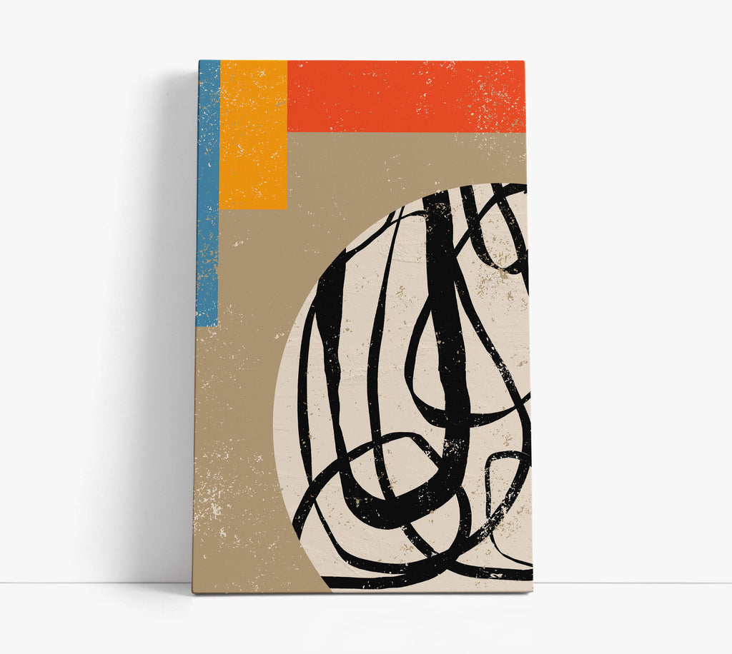 Abstract wall art canvas with bold black lines, orange, blue, and beige blocks for modern home decor