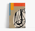 Abstract wall art canvas with bold black lines, orange, blue, and beige blocks for modern home decor