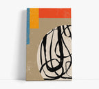 Abstract wall art canvas with bold black lines, orange, blue, and beige blocks for modern home decor