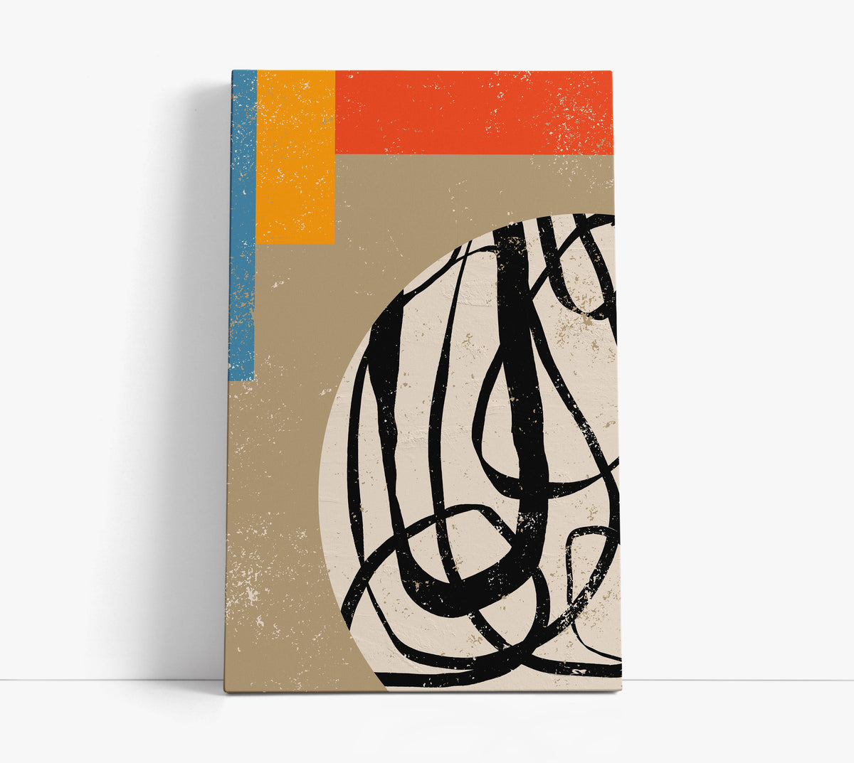 Abstract wall art canvas with bold black lines, orange, blue, and beige blocks for modern home decor