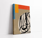 Abstract wall art canvas with bold black lines, blue, orange, red, and beige blocks for modern home decor