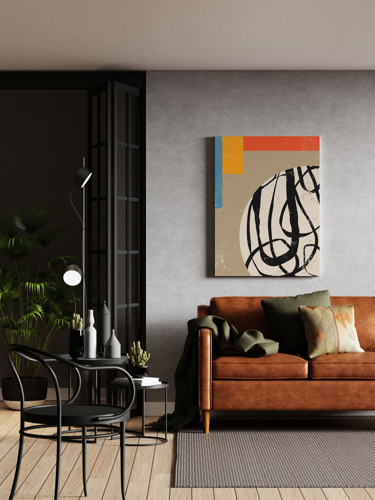 Abstract wall art print with geometric shapes and bold lines, modern home decor for living room