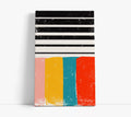 Abstract canvas art with black, white, pink, yellow, teal, and red stripes for modern home decor