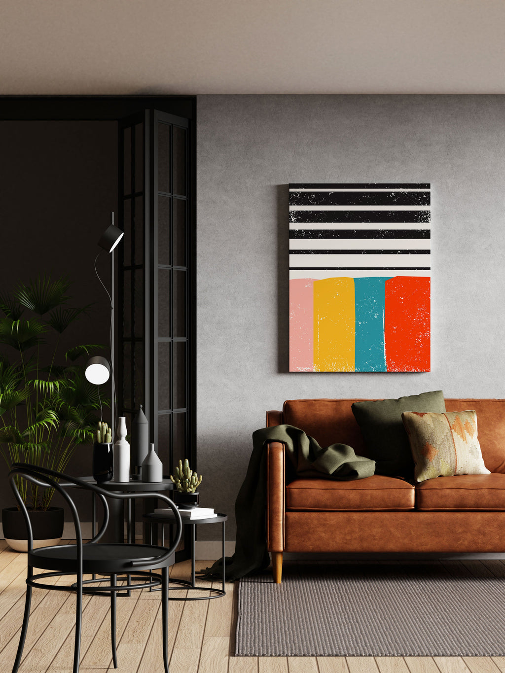 Abstract wall art print with colorful stripes and blocks, modern home decor for living room