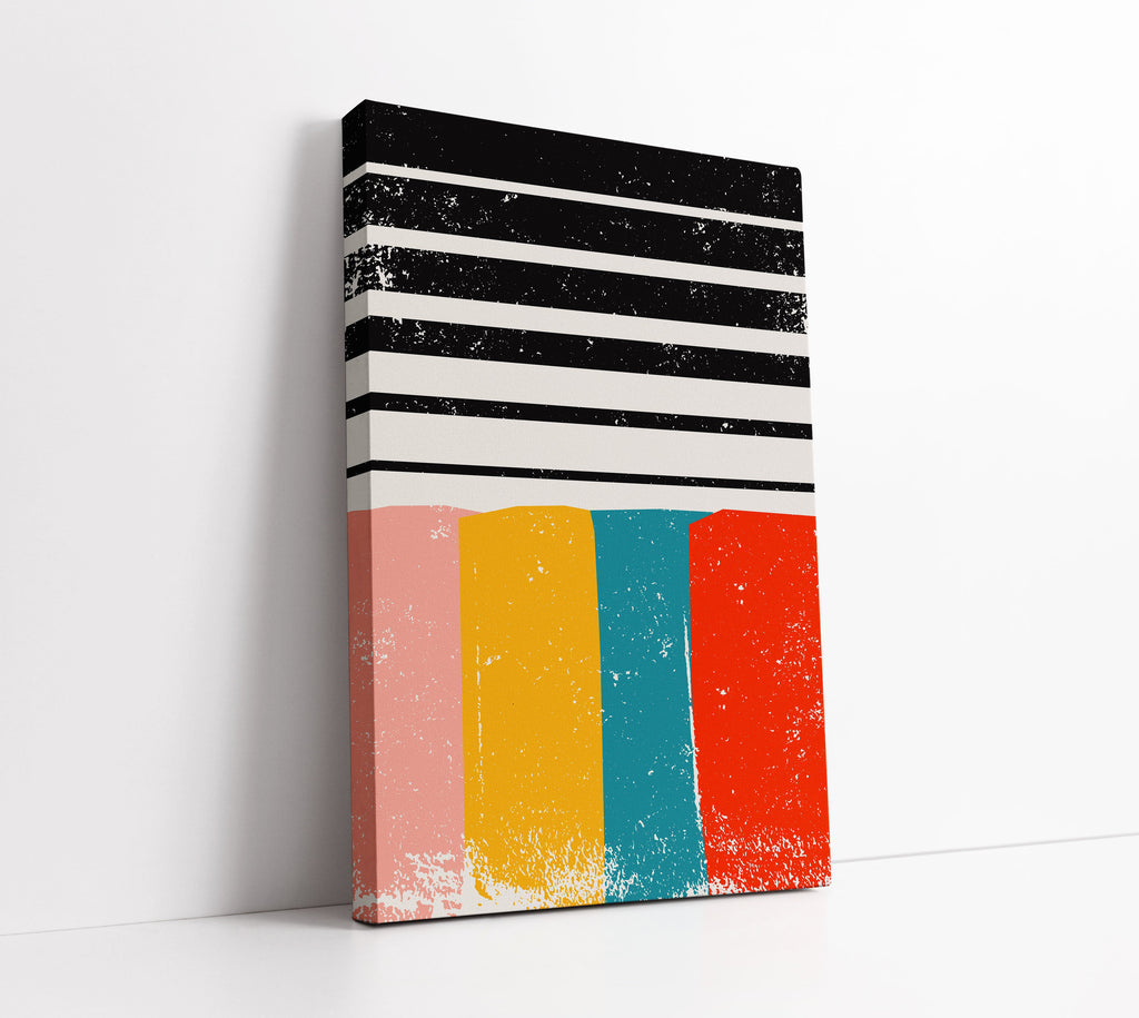 Abstract canvas art with black white stripes and colorful blocks, modern home decor wall art print
