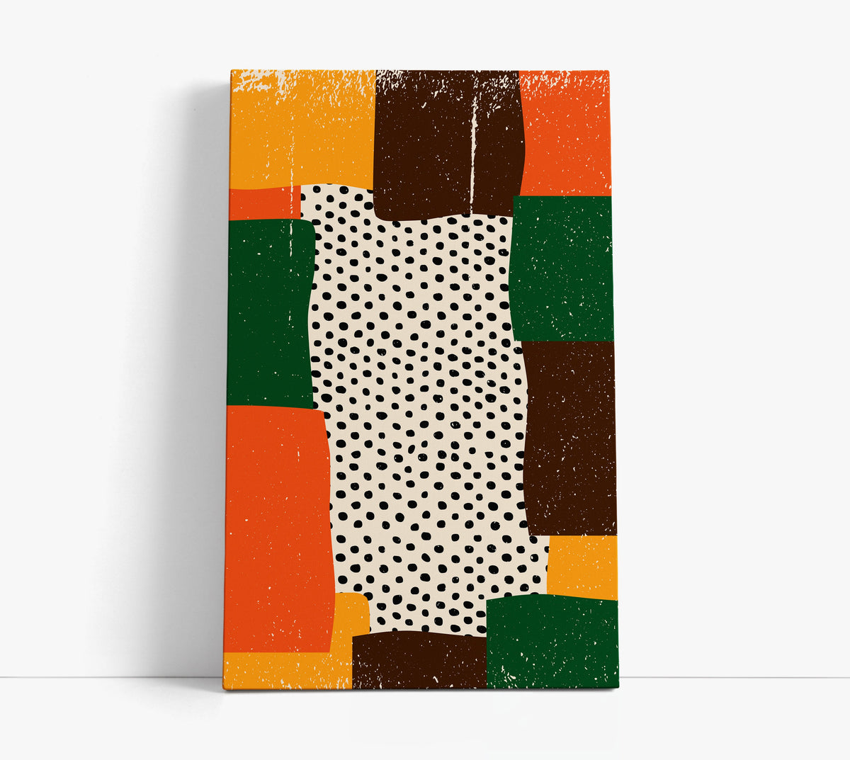 Abstract geometric canvas art with polka dots and earthy tones for modern home decor