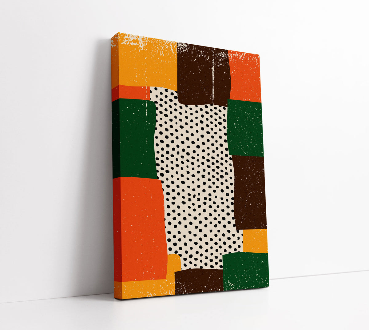 Abstract geometric canvas art with polka dots and warm colors for modern home decor
