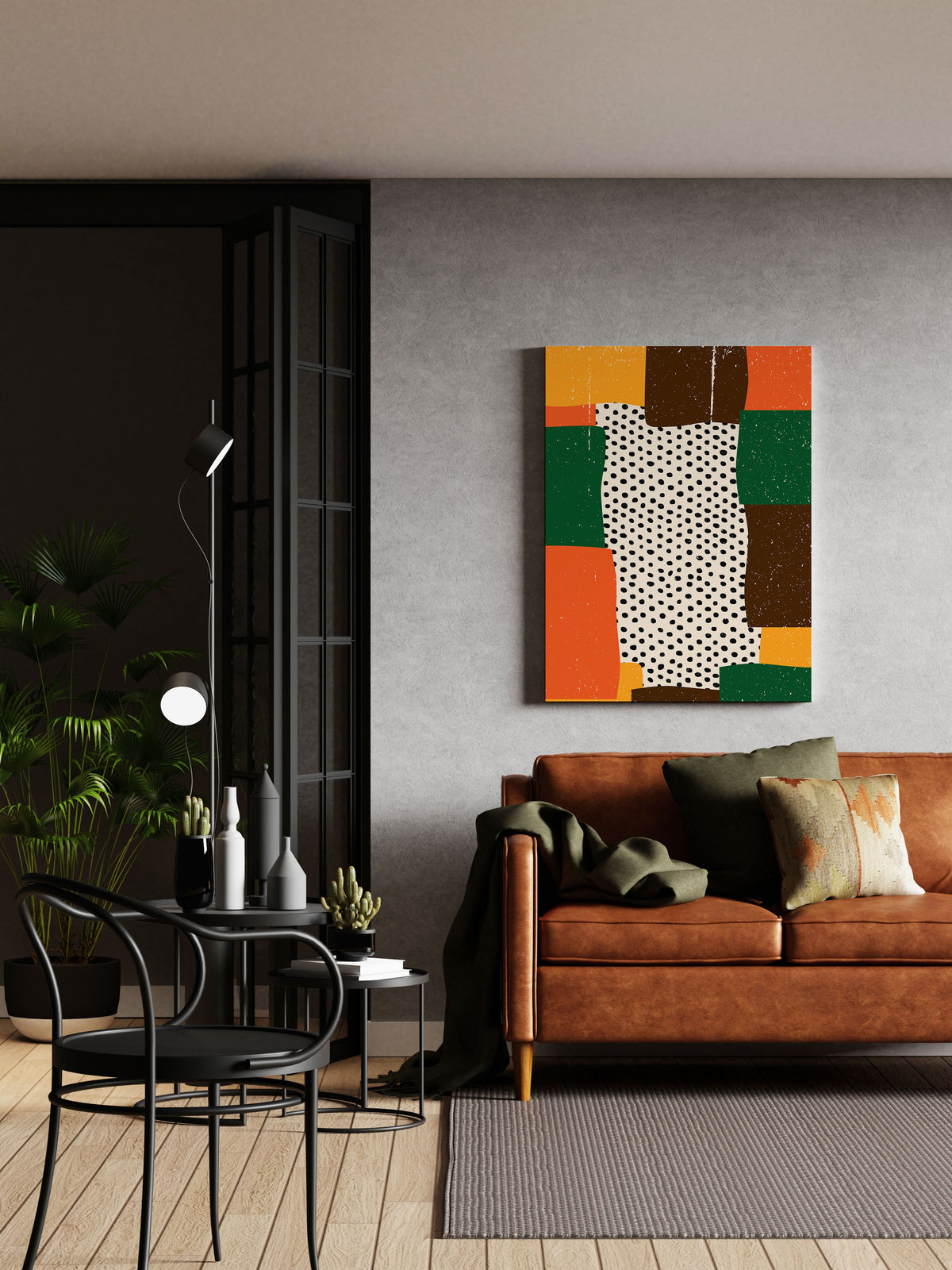 Abstract wall art print with geometric shapes and polka dots, modern home decor for living room
