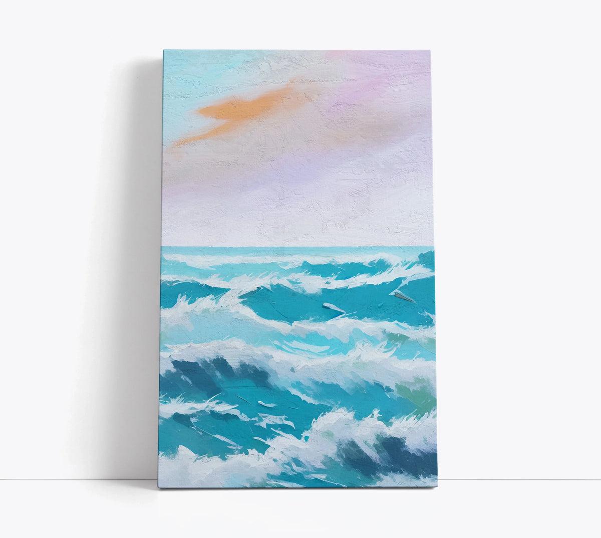 Abstract ocean wave canvas art with pastel sky, modern home decor wall art print
