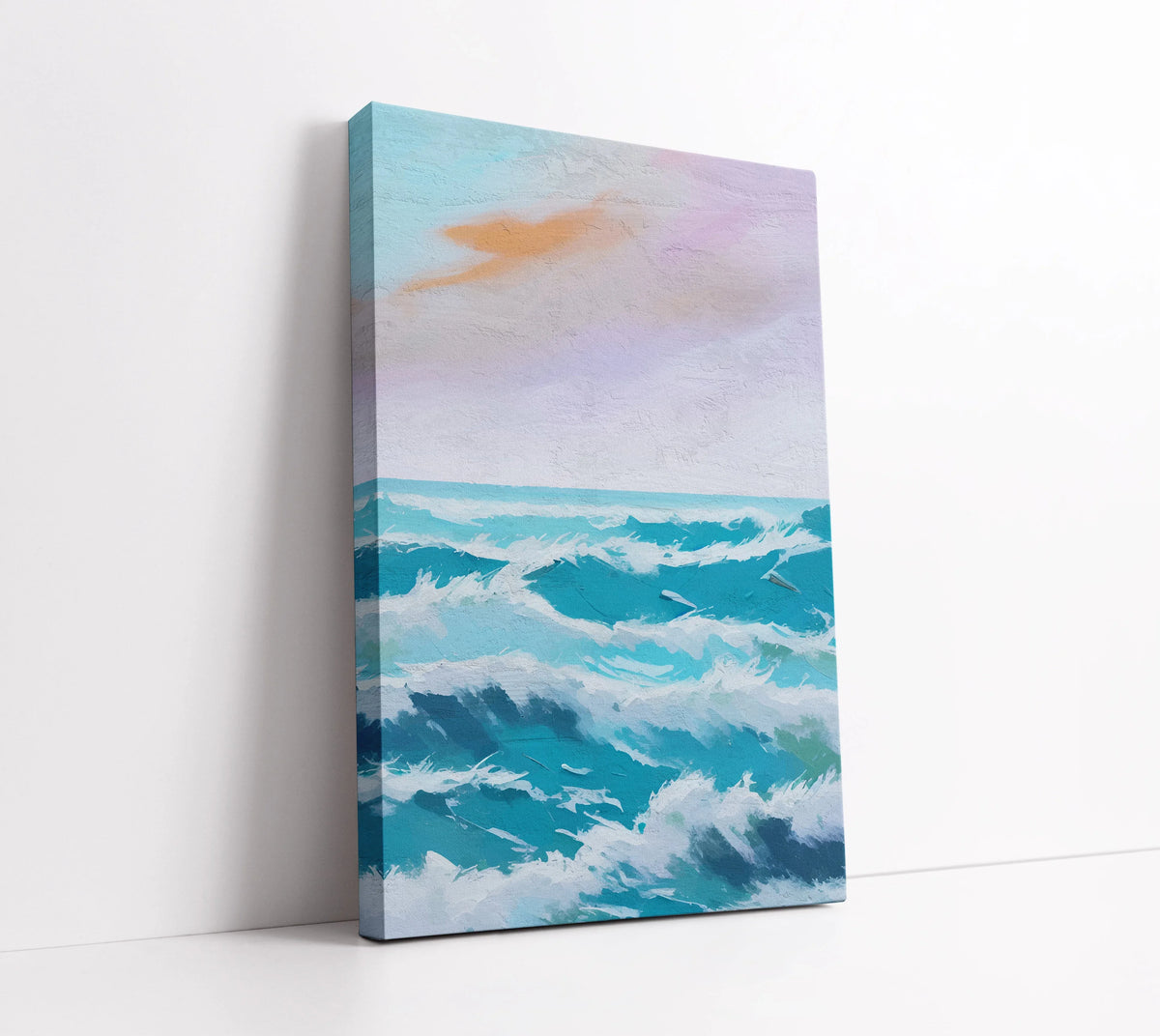 Abstract ocean wave canvas art print with pastel sky, modern home decor wall art