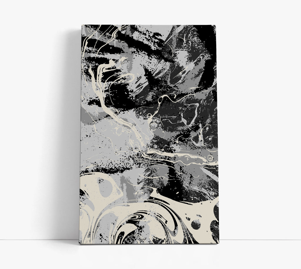 Abstract black and white canvas art print with dynamic swirls and splatters for modern home decor