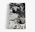 Abstract black and white canvas art print with dynamic swirls and splatters for modern home decor