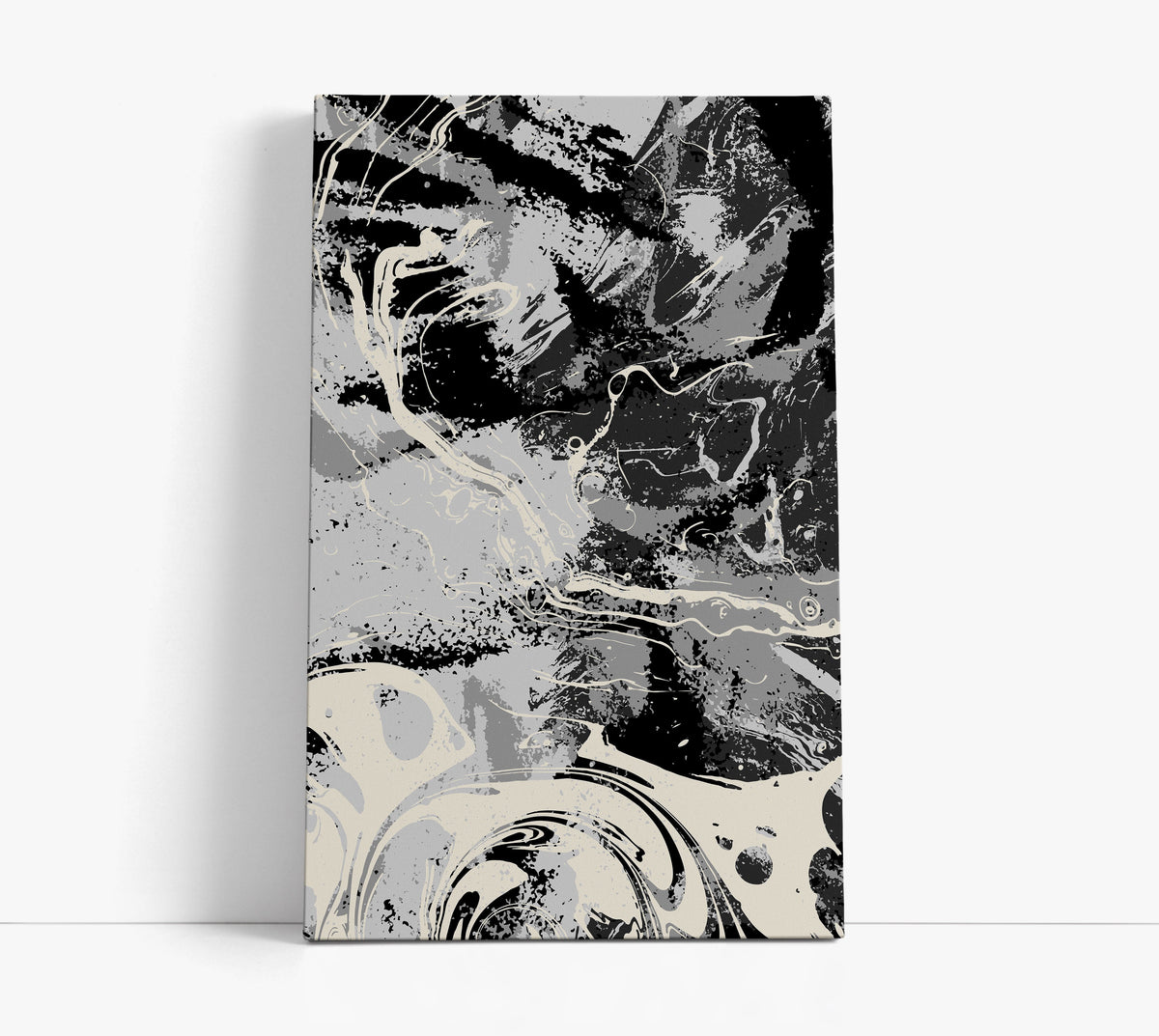 Abstract black and white canvas art print with dynamic swirls and splatters for modern home decor
