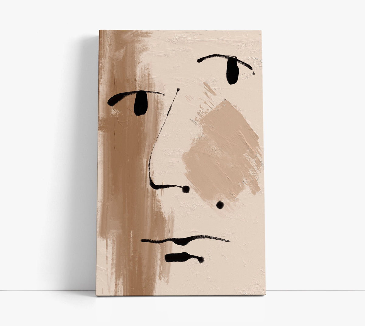 Abstract face canvas art with black brushstrokes on beige background, modern wall decor