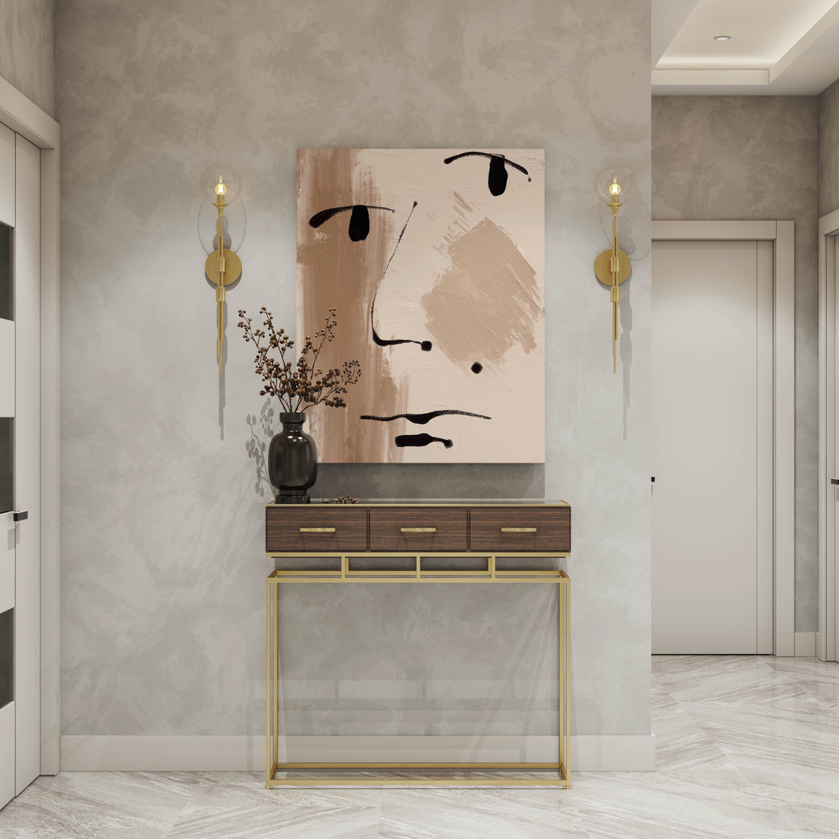 Abstract wall art print with black brushstrokes on beige, styled in modern entryway with gold console table and sconces