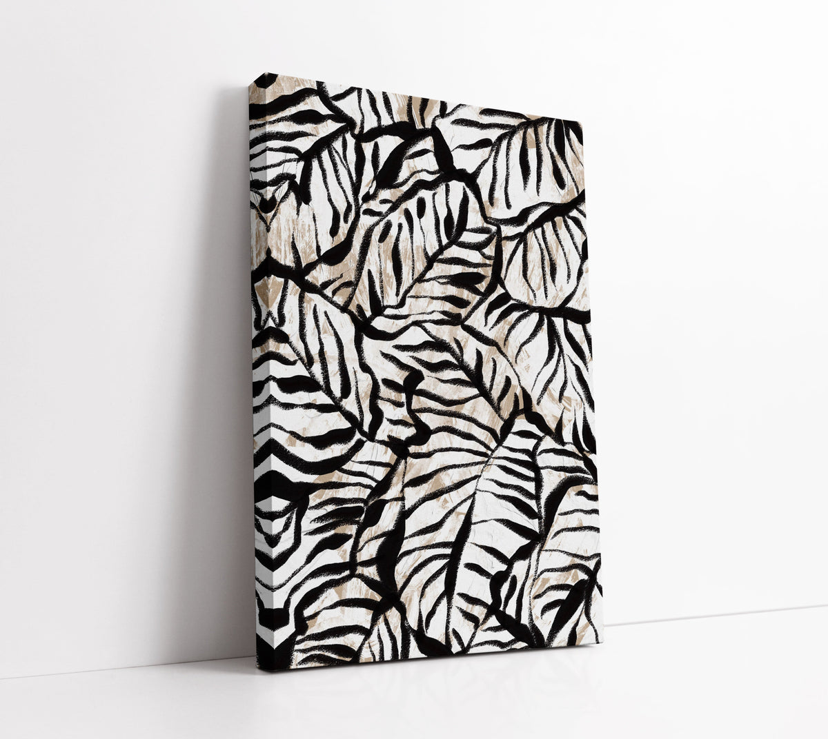 Abstract black and white leaf pattern canvas wall art for modern home decor