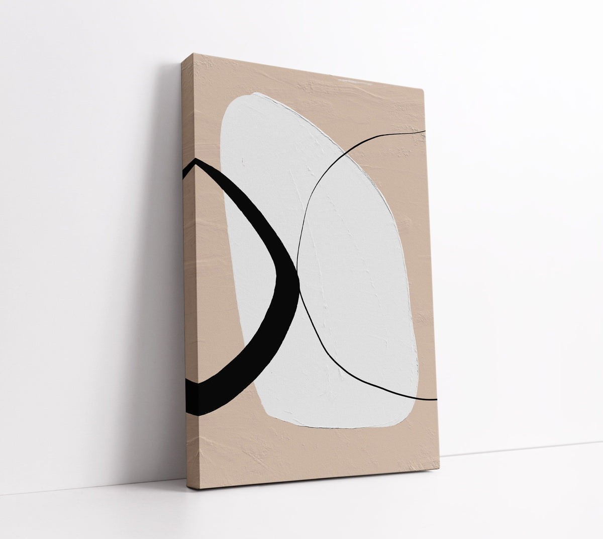 Minimalist abstract canvas art with beige, white, and black shapes for modern home decor