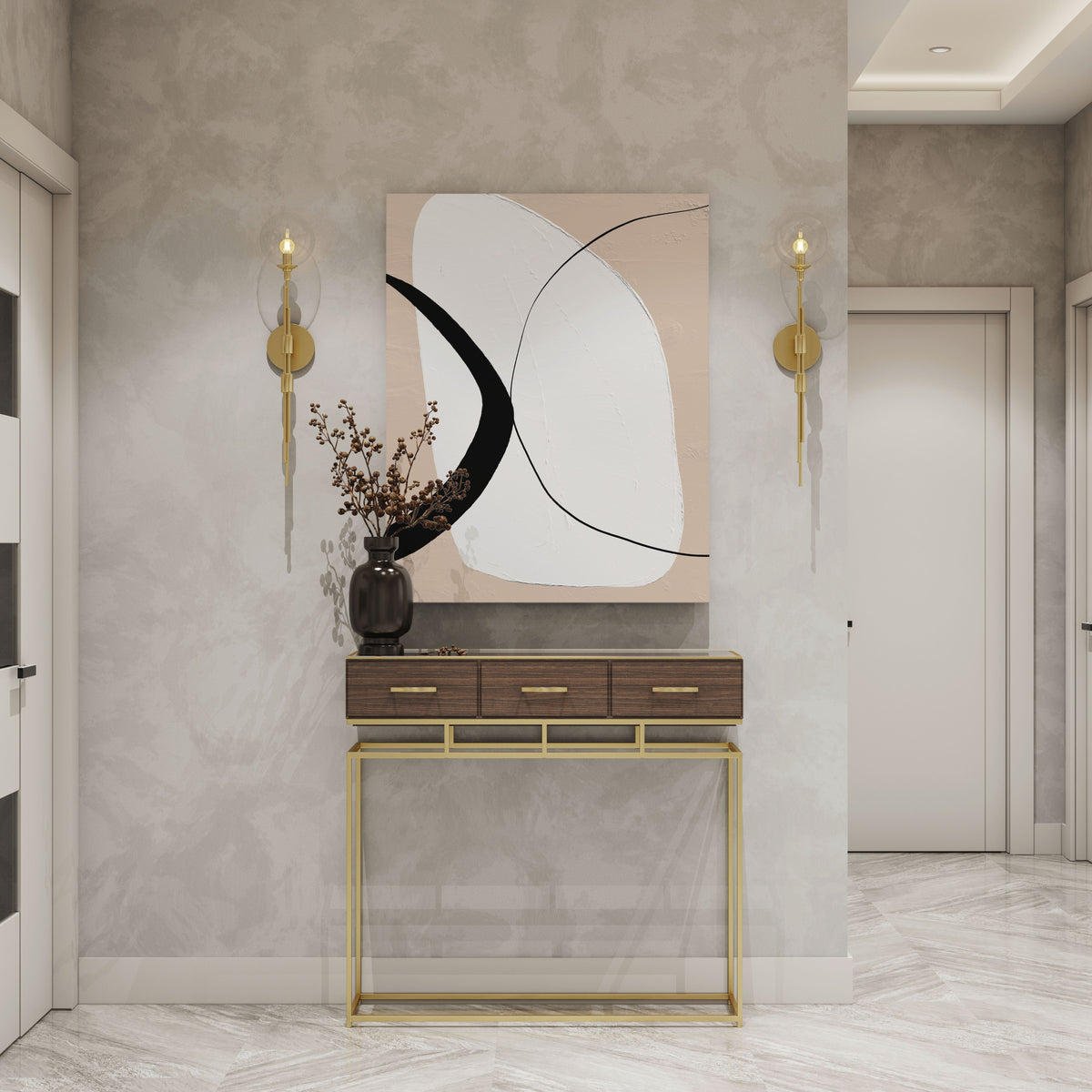 Modern abstract wall art print with black and white curves, displayed above a console table in a stylish entryway with gold sconces.