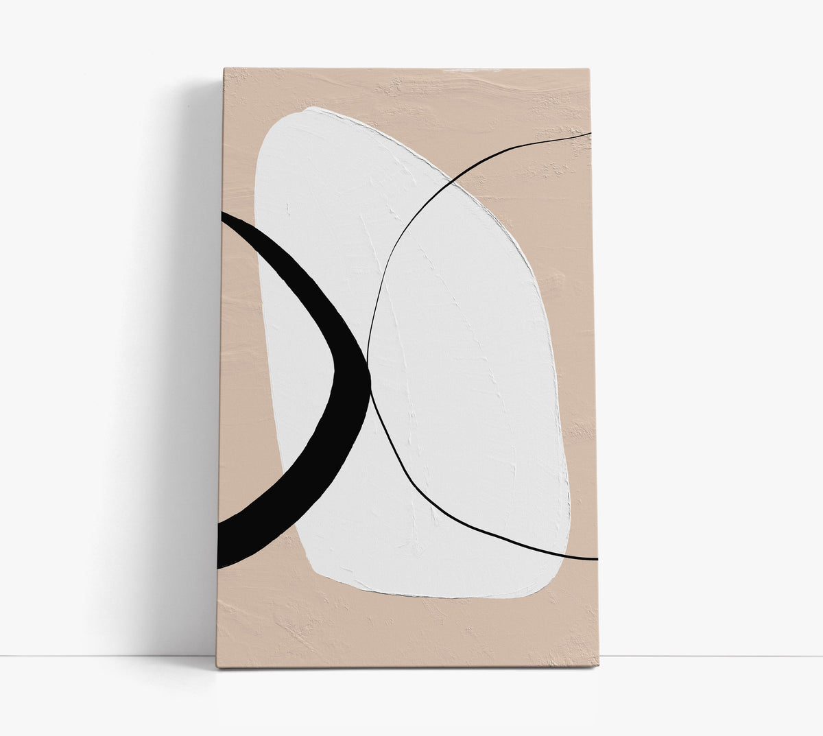 Minimalist abstract wall art with beige, white, and black curves on canvas for modern home decor