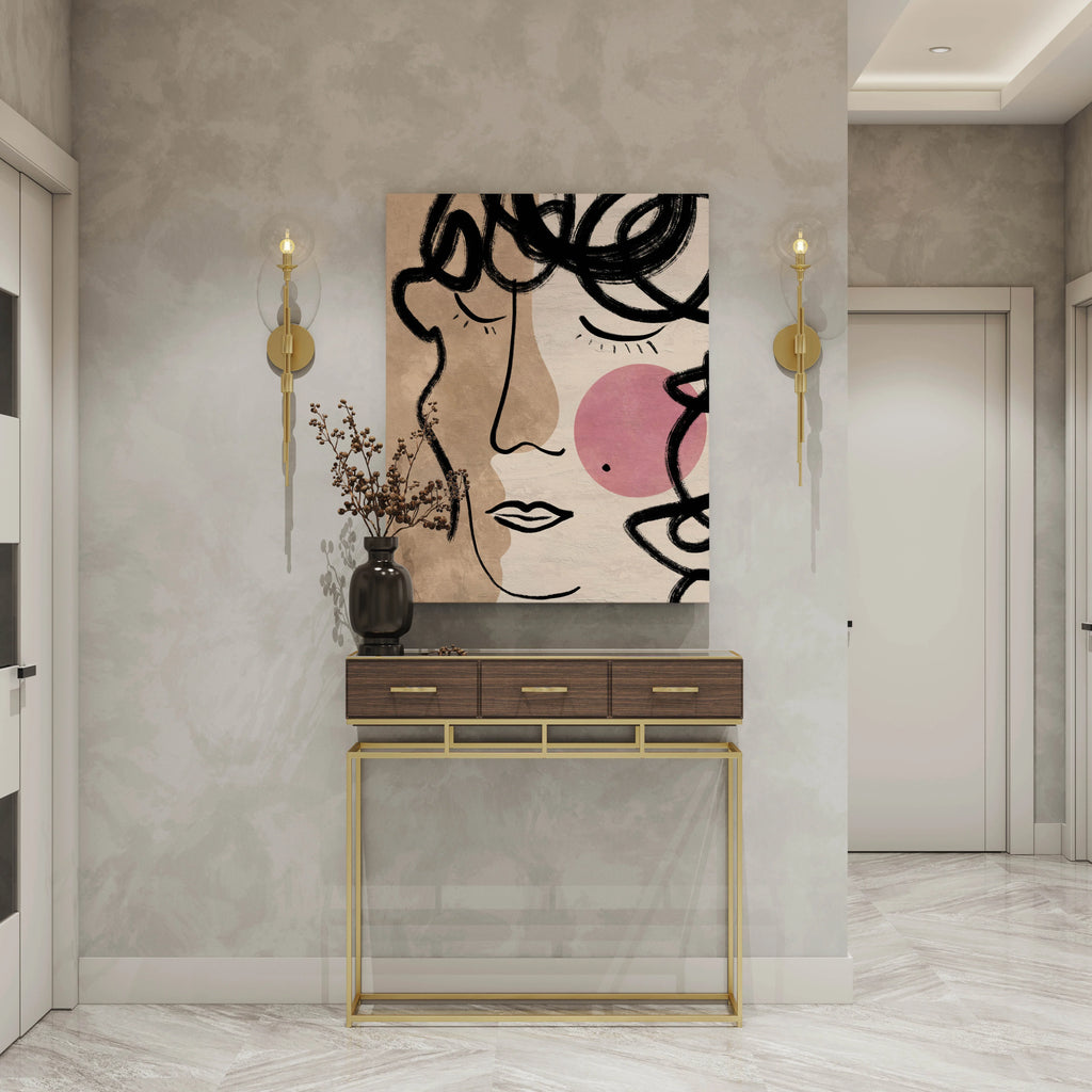 Abstract wall art print with bold black lines and pink accents, styled in modern home decor