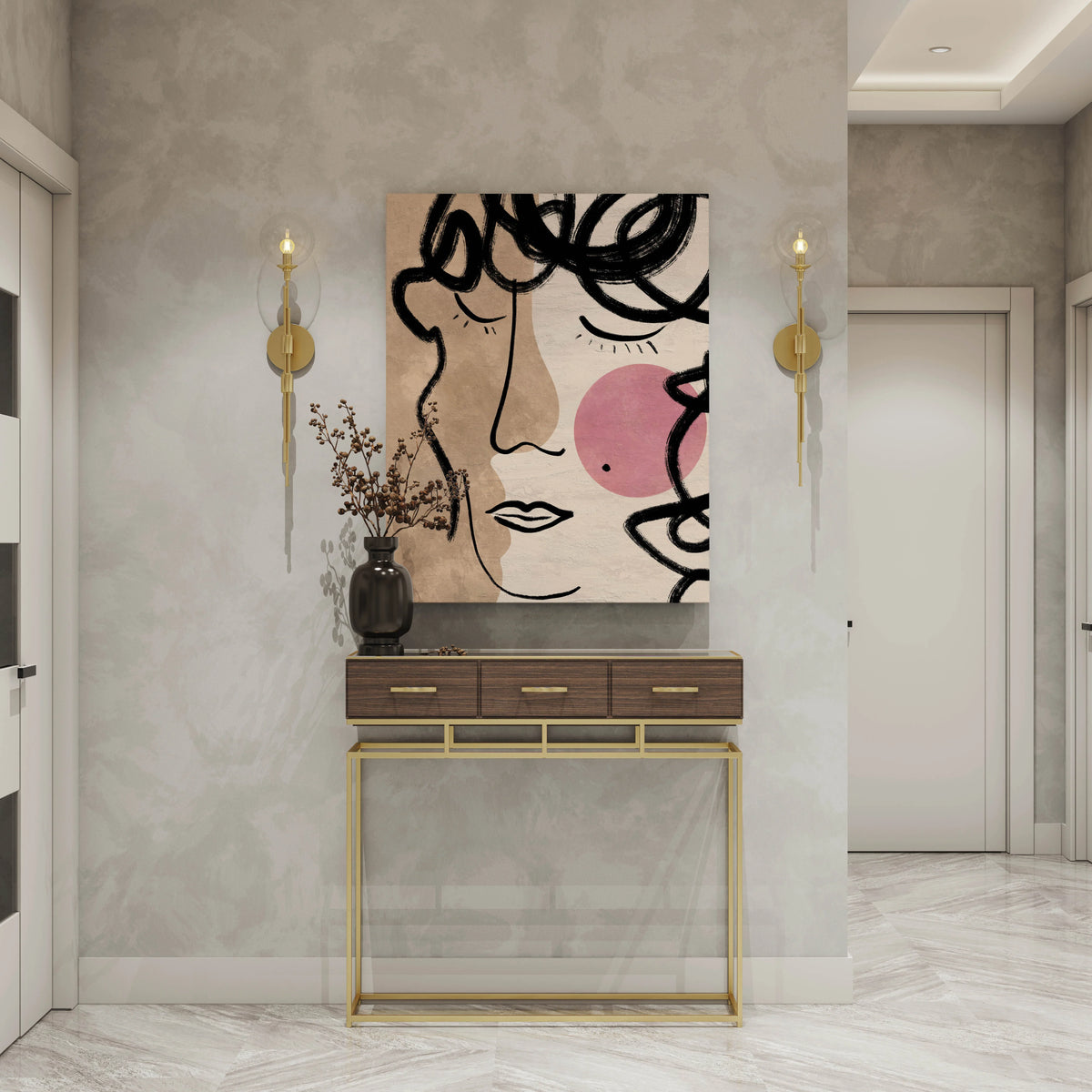 Abstract wall art print with bold black lines and pink accents, styled in modern home decor