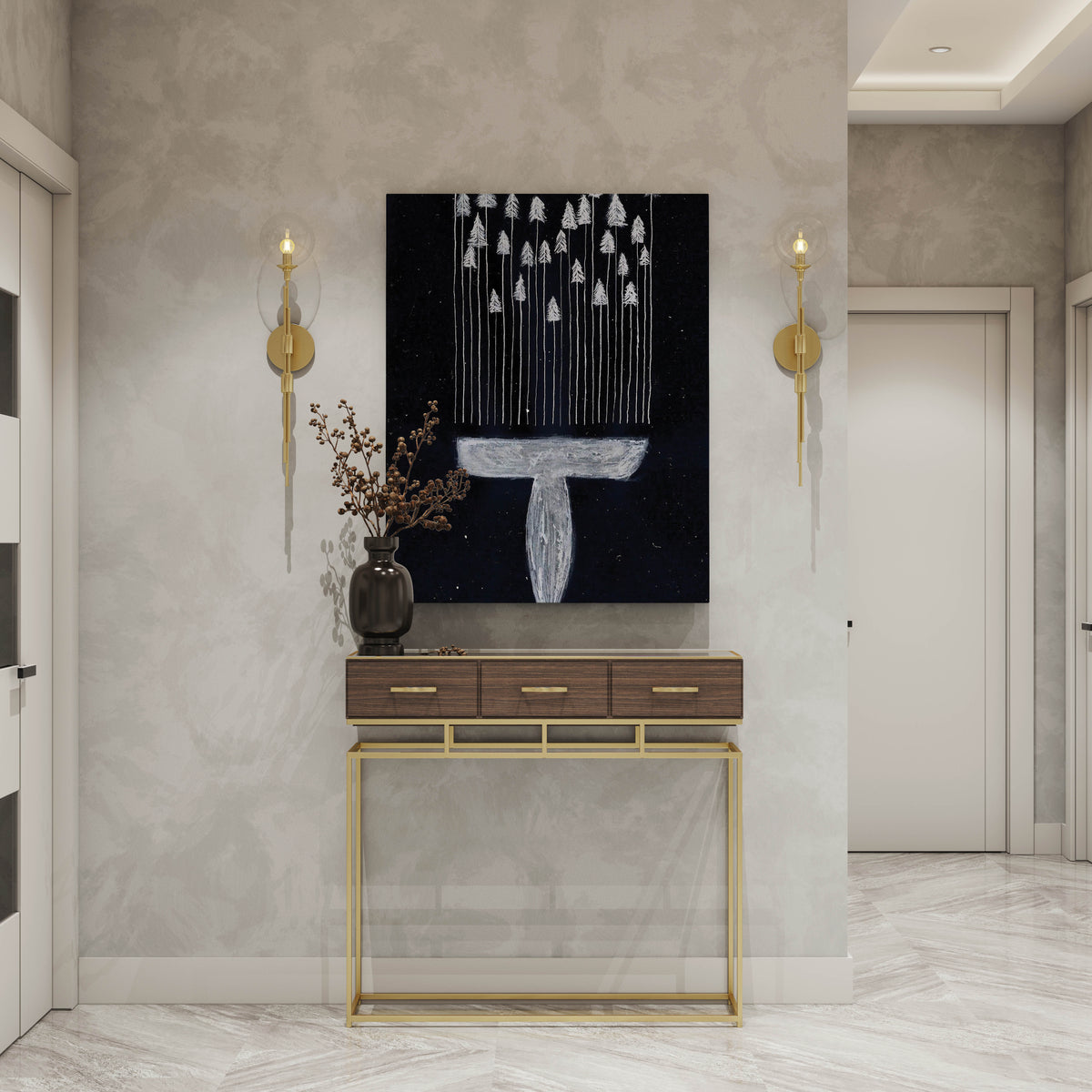 Abstract wall art with white trees on black canvas, modern entryway decor with gold console table