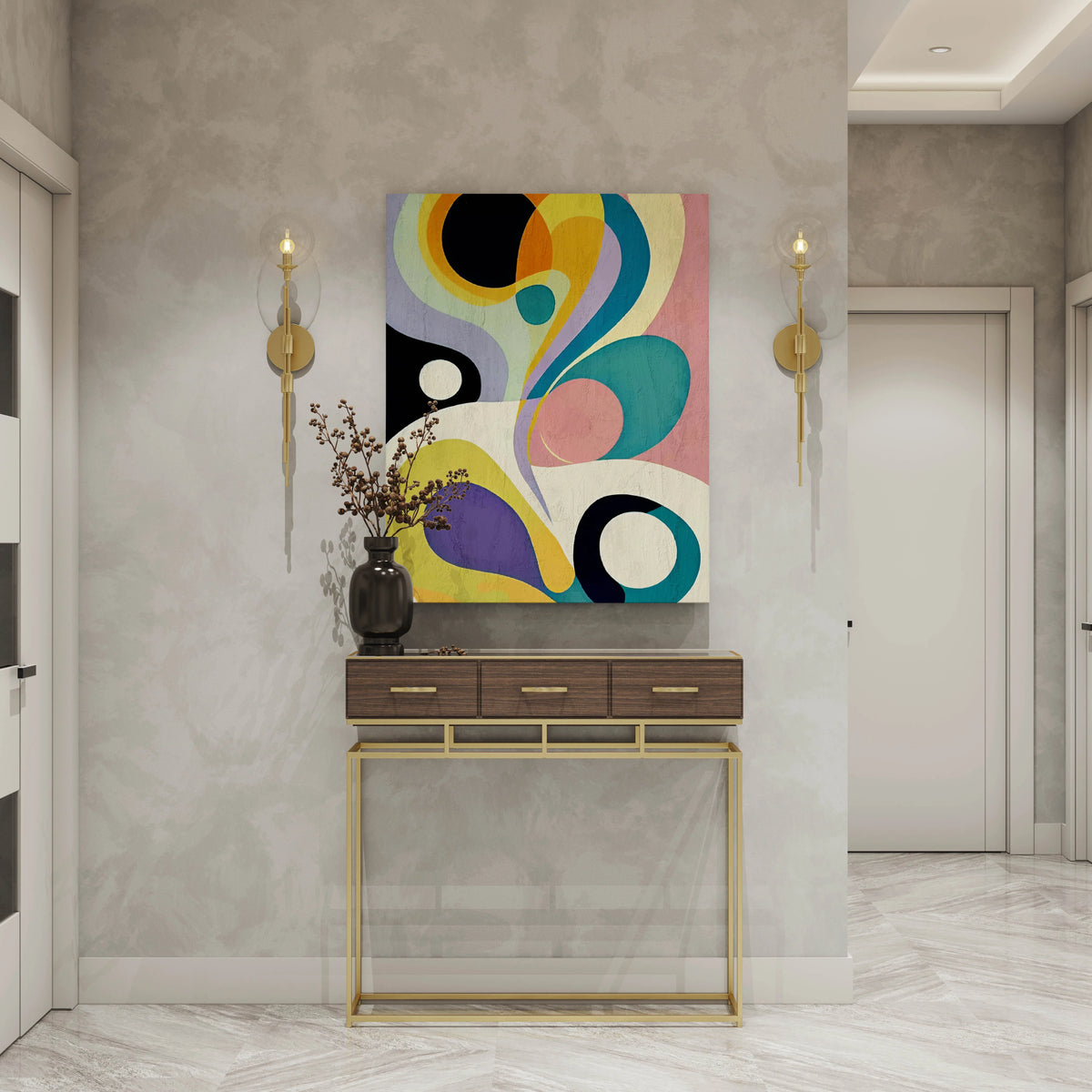 Vibrant abstract wall art with colorful swirls, displayed above a modern console table in a stylish entryway.