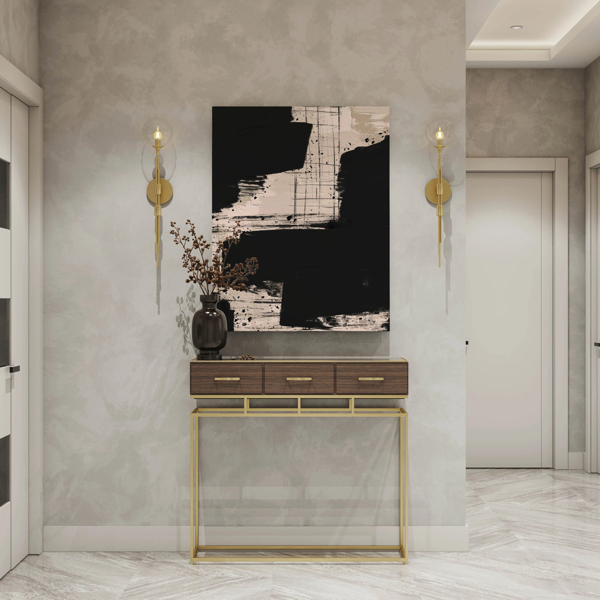 Black and beige abstract wall art print above modern console table in luxury hallway decor